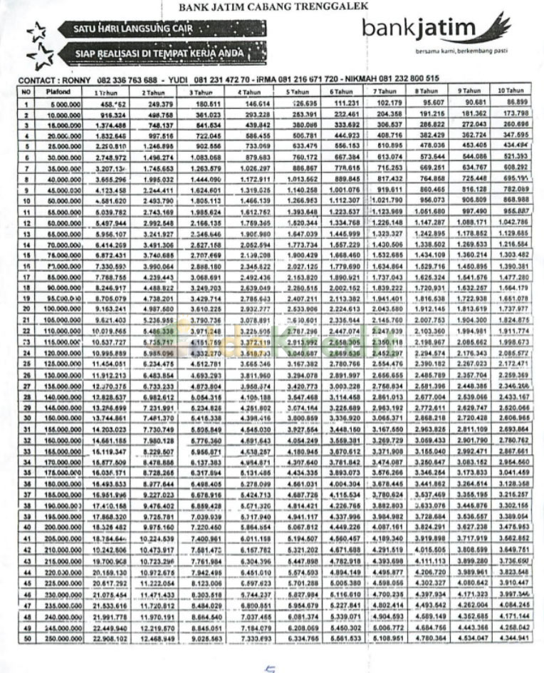 Tabel Angsuran KMG Bank Jatim Plafond Rp 250 Juta